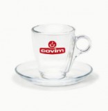COVIM üveg eszpresszó csésze piros logóval és alj