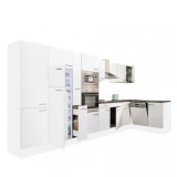 Leziter Yorki 430 sarok konyhabútor fehér korpusz,selyemfényű fehér fronttal felülfagyasztós hűtős szekrénnyel
