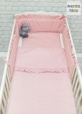 Pasztell rózsaszín fodros takaróval és fejvédővel, 3 részes babaágynemű szett (123)