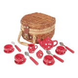 Piros porcelán teáskészlet piknik kosárban