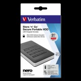 2 TB Verbatim Store `n` Go Secure HDD with Keypad Access (2,5", USB 3.1 Type-C, fekete)