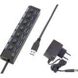 7 portos USB 3.0 hub, külön kapcsolható, státusz LED, iPad töltőcsatlakozó, fekete, Renkforce (RF-4821051)