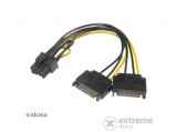 Akasa 2xSATA apa, 6+2pin PCIe anya adapter, 15cm, AK-CBPW19-15