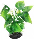 Akváriumi műnövény szív alakú levelekkel, fehér virágokkal és apró zöld növényekkel (12 cm)