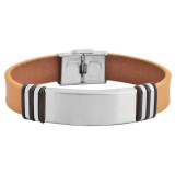 Akzent barna-ezüst acél és valódi bőr karkötő, 22 cm - gravírozható