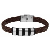 Akzent barna-fekete-ezüst acél és valódi bőr karkötő, 22 cm