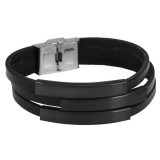 Akzent fekete acél és valódi bőr triplasoros karkötő, 20,5 cm (Ajándékdobozzal)