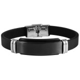 Akzent valódi bőr karkötő fekete acél betéttel, 21 cm - gravírozható