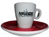 AMIGOS espresso csésze fekete logóval és piros csészealjjal