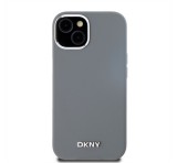 Apple DKNY Liquid Silicone Silver Metal Logo Magsafe iPhone 15 hátlap tok, szürke