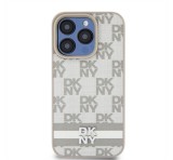 Apple DKNY PU Leather Checkered Pattern and Stripe iPhone 14 Pro hátlap tok, bézs