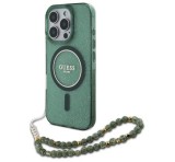 Apple Guess IML Glitter iPhone 16 Pro MagSafe kemény hátlap tok karpánttal, zöld GUHMP16LHGCRELSA