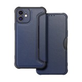 Apple iPhone 12, Oldalra nyíló tok, légpárnás sarok, bőrhatású, karbon minta, Razor Book, kék (RS129207) - Telefontok
