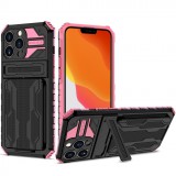 Apple iPhone 12 Pro Max, Műanyag hátlap védőtok szilikon belső, közepesen ütésálló, kitámasztóval, kártyatartóval, Wooze Transformer, fekete/rózsaszín (127697) - Telefontok