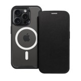 Apple iPhone 12 Pro Max, Oldalra nyíló tok, kártyatartóval, átlátszó hátlap, Magsafe kompatibilis, Smart Mag, fekete