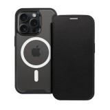 Apple iPhone 13 Pro Max, Oldalra nyíló tok, kártyatartóval, átlátszó hátlap, Magsafe kompatibilis, Smart Mag, fekete