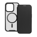 Apple iPhone 14 Plus, Oldalra nyíló tok, kártyatartóval, átlátszó hátlap, Magsafe kompatibilis, Smart Mag, fekete
