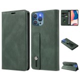 Apple iPhone 15 Plus, Oldalra nyíló tok, stand, kártyatartóval, kézpánttal, Wooze Business Plus, sötétzöld