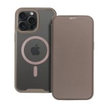 Apple iPhone 15 Pro Max, Oldalra nyíló tok, kártyatartóval, átlátszó hátlap, Magsafe kompatibilis, Smart Mag, szürke