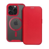 Apple iPhone 15 Pro, Oldalra nyíló tok, kártyatartóval, átlátszó hátlap, Magsafe kompatibilis, Smart Mag, piros