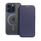 Apple iPhone 15 Pro, Oldalra nyíló tok, kártyatartóval, átlátszó hátlap, Magsafe kompatibilis, Smart Mag, sötétkék