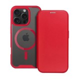Apple iPhone 16 Pro Max, Oldalra nyíló tok, kártyatartóval, átlátszó hátlap, Magsafe kompatibilis, Smart Mag, piros