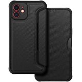 Apple iPhone 17 Pro, Oldalra nyíló tok, légpárnás sarok, bőrhatású, karbon minta, Razor Book, fekete