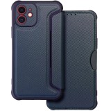 Apple iPhone 17 Pro, Oldalra nyíló tok, légpárnás sarok, bőrhatású, karbon minta, Razor Book, kék