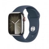 Apple Watch S9 Cellular 45mm Silver Stainless Steel Case with Storm Blue Sport Band S/M MRMN3