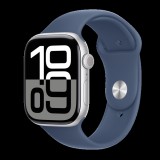 Apple Watch Series 10 (GPS + Cellular) 46mm ezüst színű alumíniumtok, denim sportszíj M/L méret (MWY13QH/A) (MWY13QH/A)