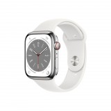 Apple Watch Series 8 GPS + Cellular 45mm ezüstszínű rozsdamentesacél tok, fehér sportszíj (MNKE3CM/A) (MNKE3CM/A) - Okosóra