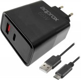 Approx APPUSBWALL65W Cargador 65WATT QC 1 X USB A+ 1 X USB C+cable Black