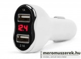 Autós szivargyújtó adapter - 2 x USB aljattal, feszültségmérővel és árammérővel (fehér)
