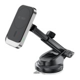 Autós tartó, univerzális, szélvédőre vagy szellőzőre vagy műszerfalra rögzíthető, 360°-ban forgatható, mágneses, Magsafe kompatibilis, Magsafe gyűrűvel, Qi vezeték nélküli töltővel, 15W, TP MM15W-V9 Magnetic Magsafe, fekete