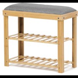 AUTRONIC Cipőtartós ülőke, 2 polc, tömör bambusz, natúr árnyalat, szürke szövet (DR-N1010 GREY2)