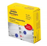 Avery Zweckform No. 3857 kék színű, 19 mm átmérőjű, tekercses öntapadós jelölő címke adagoló dobozban - doboz tartalma: 1 tekercs, 250 darab címke
