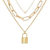 AZIZ Arany színű lakat és szív motívumos hármas nyaklánc szett