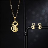 AZIZ Nemesacél cicás medál és fülbevaló szett, arany színű II.