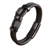 AZIZ Nemesacél és bőr férfi karkötő, 19 cm - fekete 2.