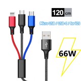 Baking & Pet Kft 3 az 1-ben 5.1A Fémfonatú Gyorstöltő Adatkábel – 66W Max