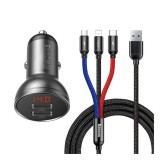 Baseus 2xUSB-A autós töltő LCD kijelzővel + 3in1 töltő kábellel, 4,8A, 24W, fekete