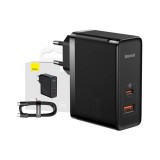 Baseus GaN USB-C + USB-A töltő adapter + 1m USB-C kábel, 100W, fekete