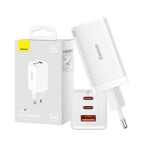 Baseus GaN5 Pro hálózati töltő 2xType-C + USB, Type-C-Type-C kábellel, 65W, fehér