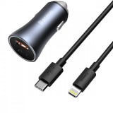 Baseus Golden Contactor Pro autós töltő, USB + USB-C, QC4.0 +, PD, SCP, 40 W (szürke) + USB-C kábel iP 1m-hez (fekete)