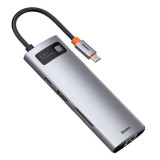 Baseus Metal Gleam 8in1 multifunctional HUB USB Type C - USB Type C Power Delivery 100 W / HDMI 4K 30 Hz / SD and microSD memory card reader / 3x USB 3.2 Gen 1 / RJ45 1 Gbps Gray (CAHUB-CV0G)