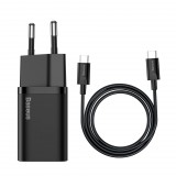 Baseus Super Si 1C 25W gyorstöltő adapter, USB-C-USB-C kábellel, 1m, fekete (TZCCSUP-L01) (TZCCSUP-L01)