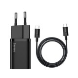 Baseus Super-Si gyorstöltő adapter Type-C kábellel, 25W, fekete