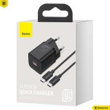 Baseus Super Si USB-C hálózati gyorstöltő 25W USB-C/USB-C kábellel Black TZCCSUP-L01