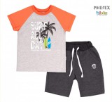 Bembi 2 részes fiú szett, fekete-szürke-narancs, pálmafa nyomott mintával, rövidnadrággal (KS616)