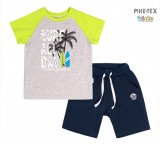 Bembi 2 részes fiú szett, sötétkék-szürke-zöld, pálmafa nyomott mintával, rövidnadrággal (KS616)